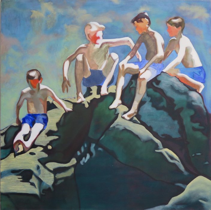 Boys on the Rocks, oil on canvas, 120 x 120 cm, 2019, Nikol Kocadağ Collection